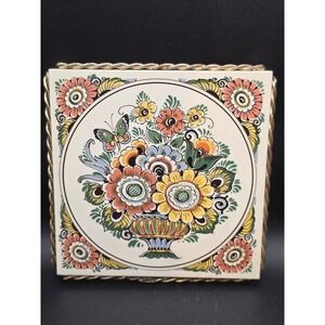 Vintage Delft Polychrome Dutch Ceramic Tile Trivet Floral Gold Framed‎